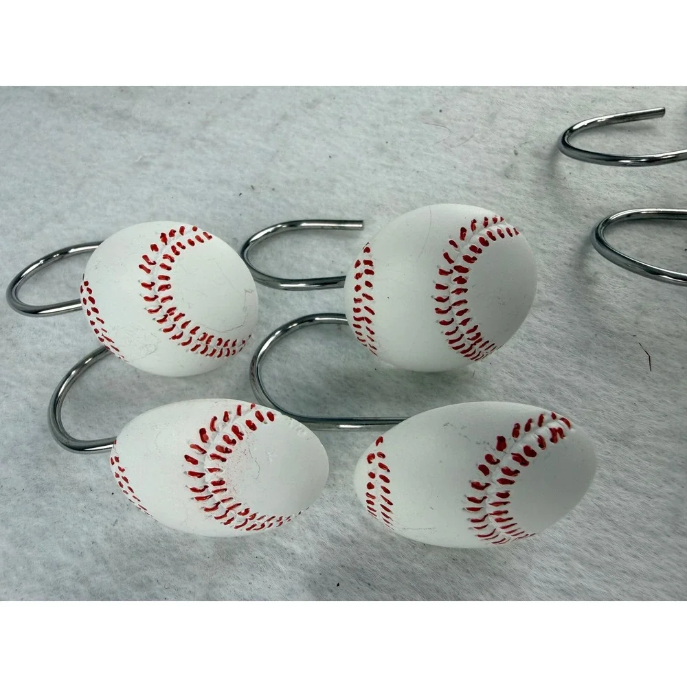Set of 12 Baseball Shower Curtain Hooks White Red Stitching Sports Theme Decor